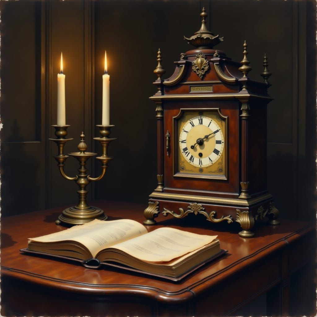 Antique Clock and Candlelight Desk Scene