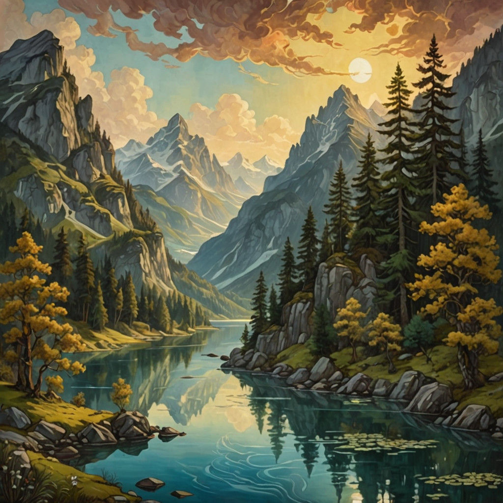 Lush Landscape with Majestic Mountains and Serene Lake in Wh...