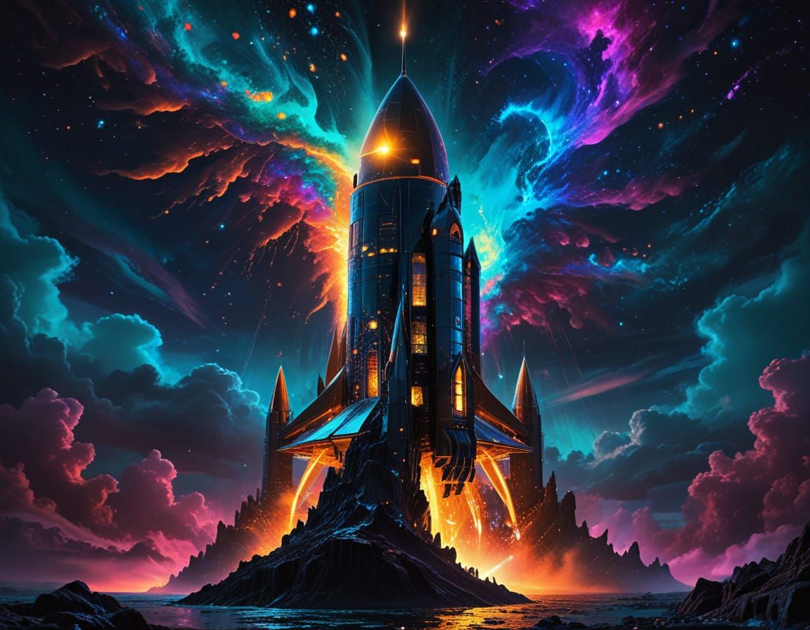 Cosmic Rocketship in Vibrant Chiaroscuro