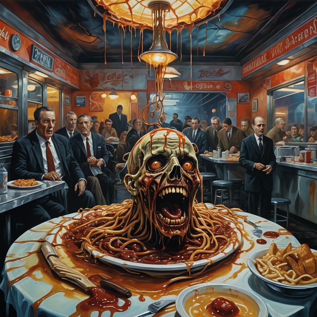Surreal Diner Nightmare: A Surreal Oil Painting