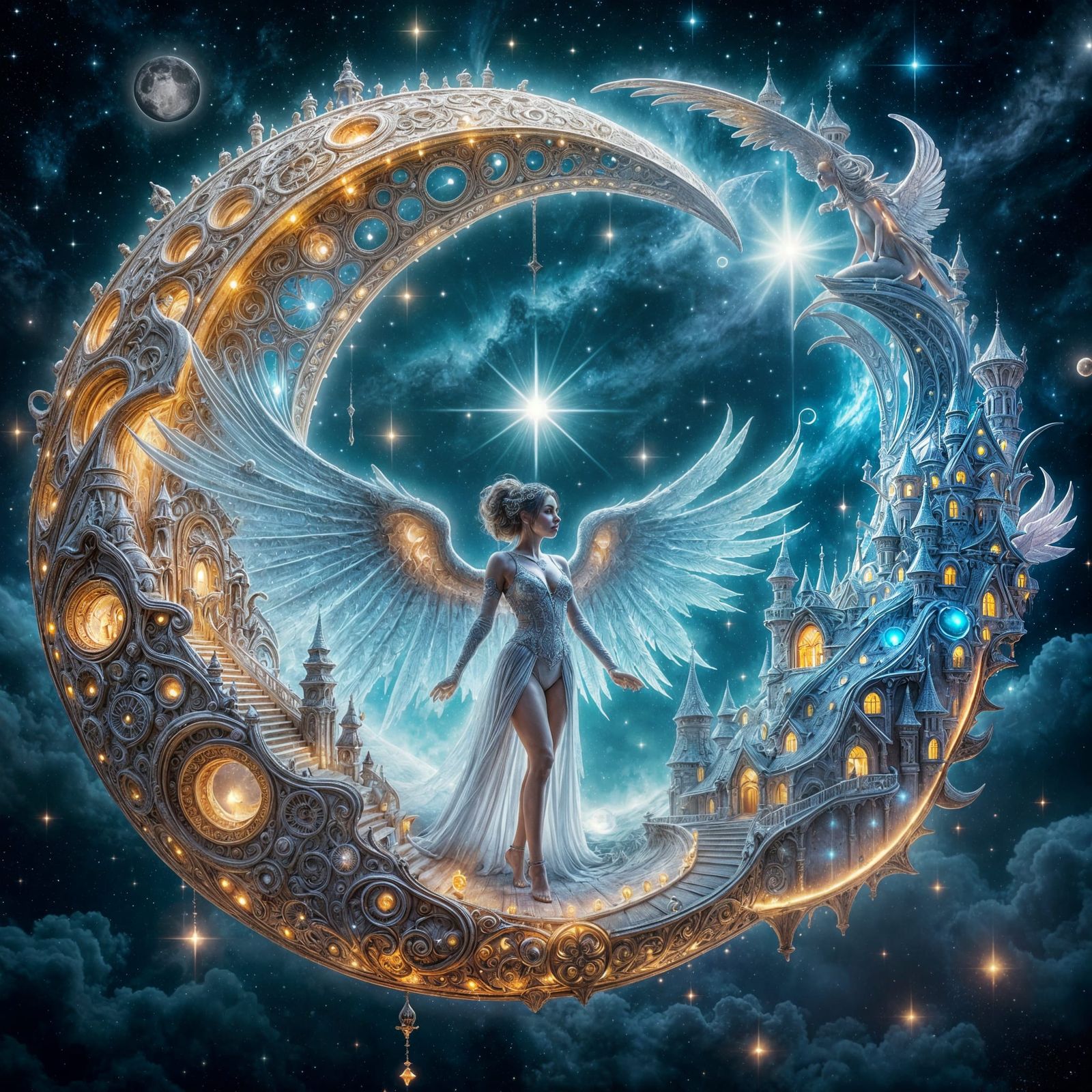 Majestic Star Angel on Luminous Crescent Moon Sanctuary