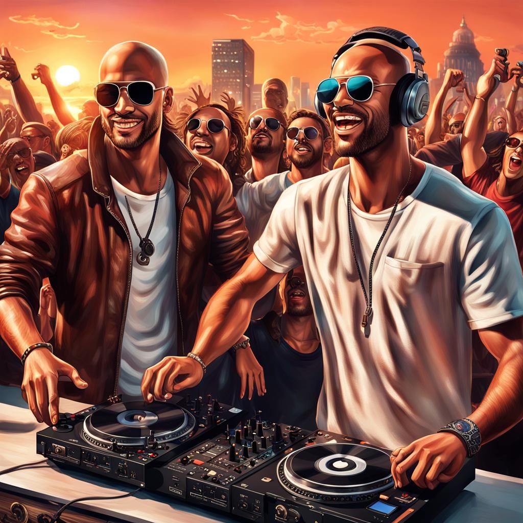 Euphoric DJs Performing at Sunset in Hyperrealistic Style