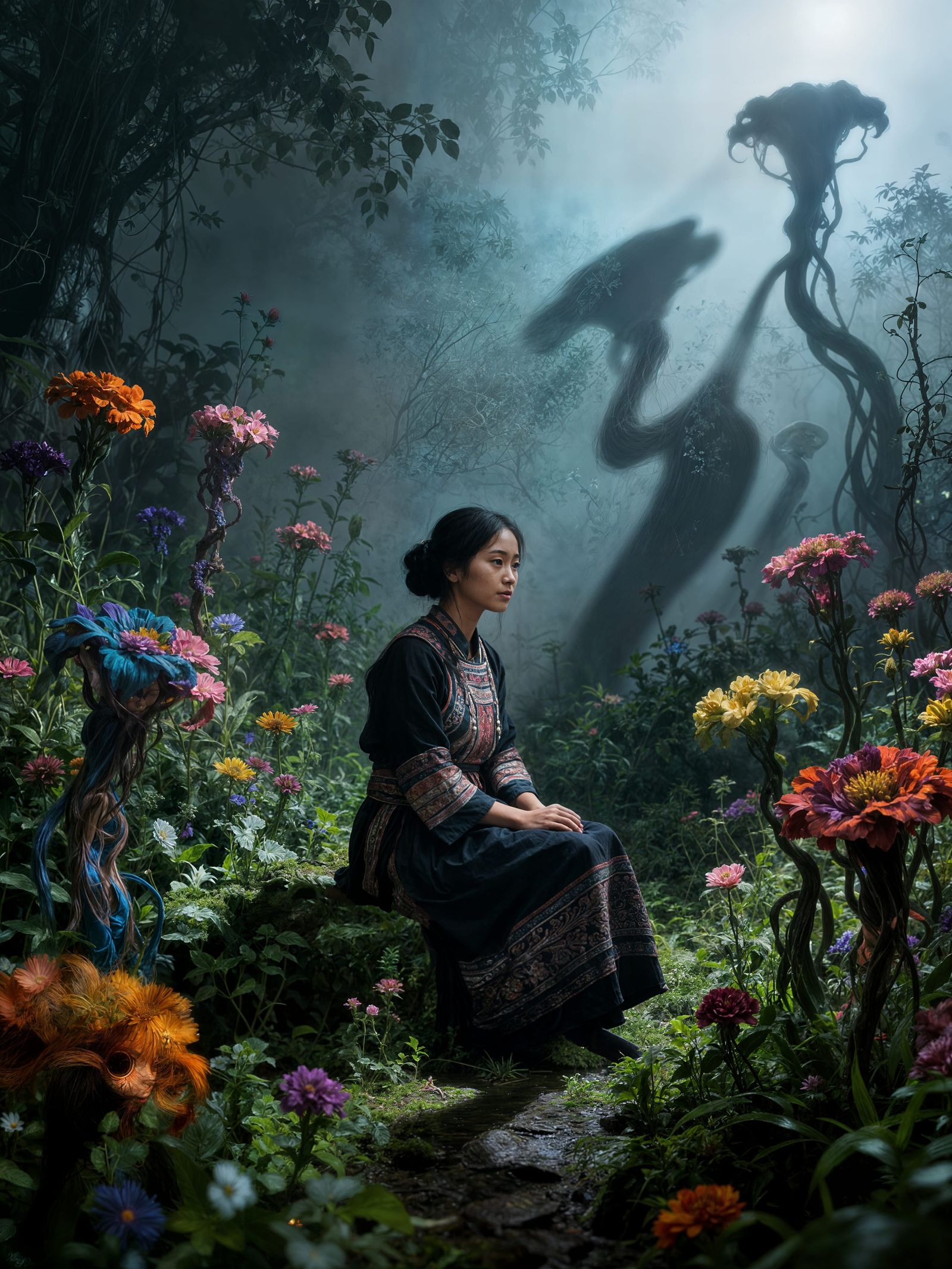 Hmong Woman in Ethereal Garden with Impossible Flowers
