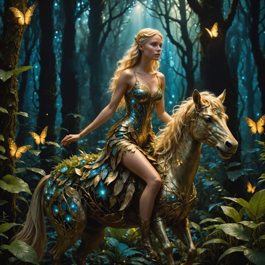 Fairy Woman Riding Huge Beast in Bioluminescent Forest