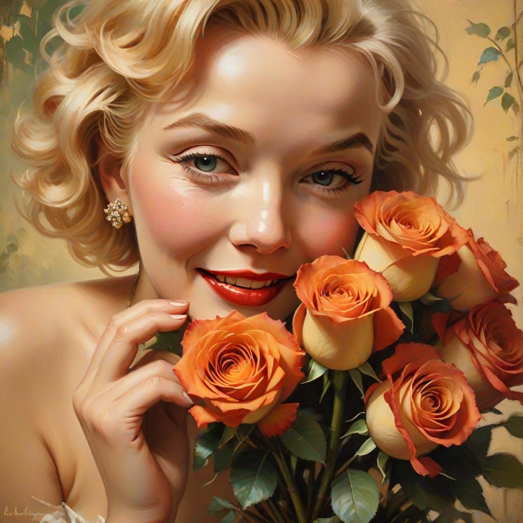 Marilyn Monroe encantada com um buquê de rosas...
