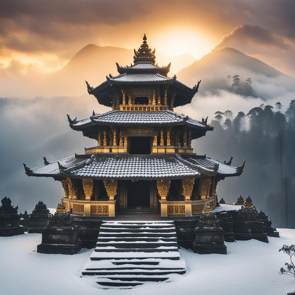 Mystic Himalayan Temple in Winter Landscape