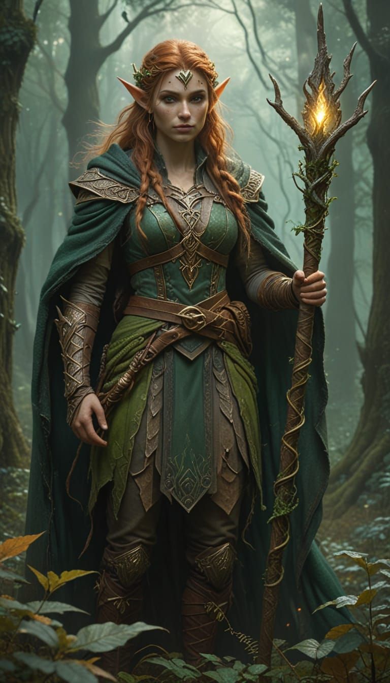 Ethereal Elf Ranger Druid with Magical Staff in Misty Forest