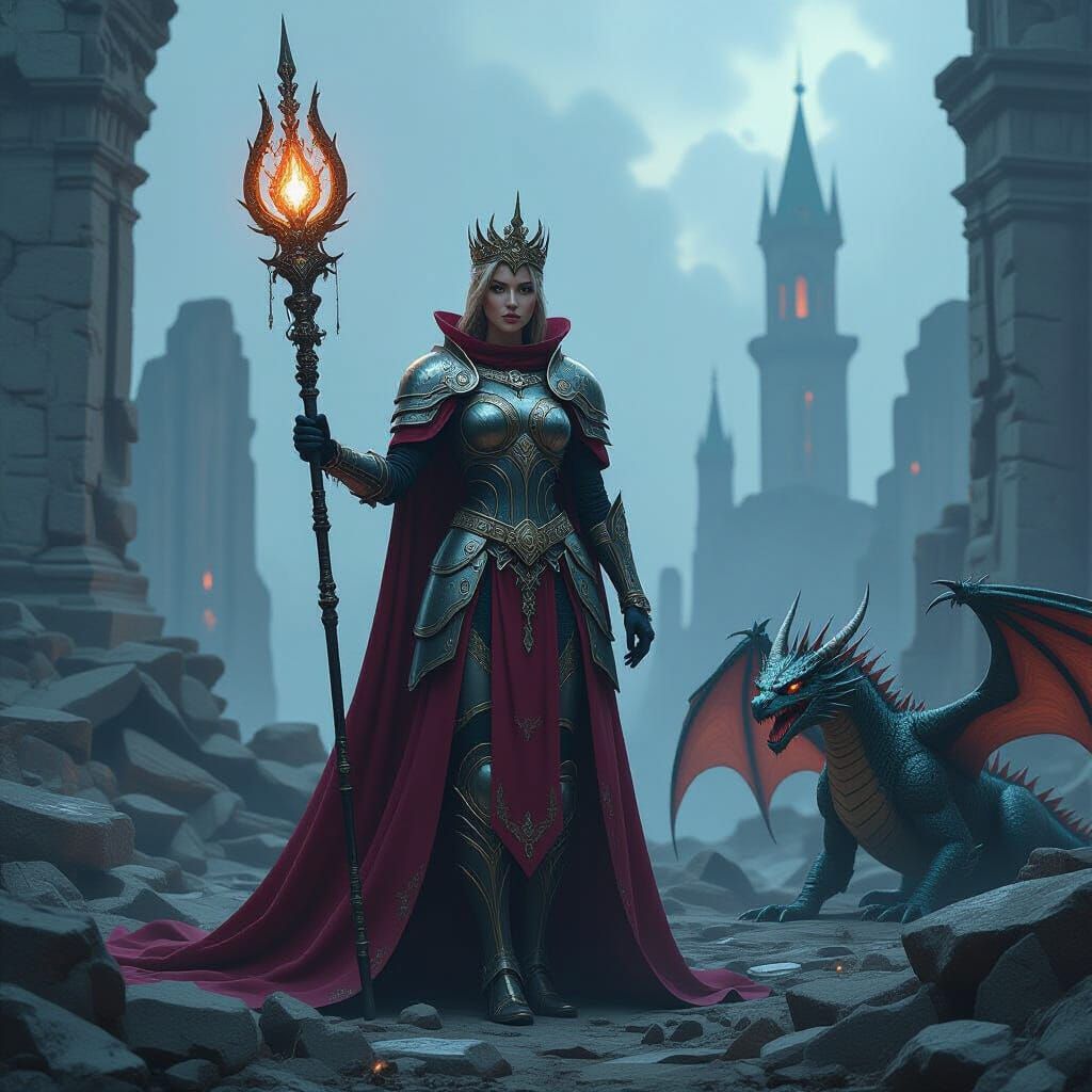 Queen Confronts Dragon in Dystopian Realm