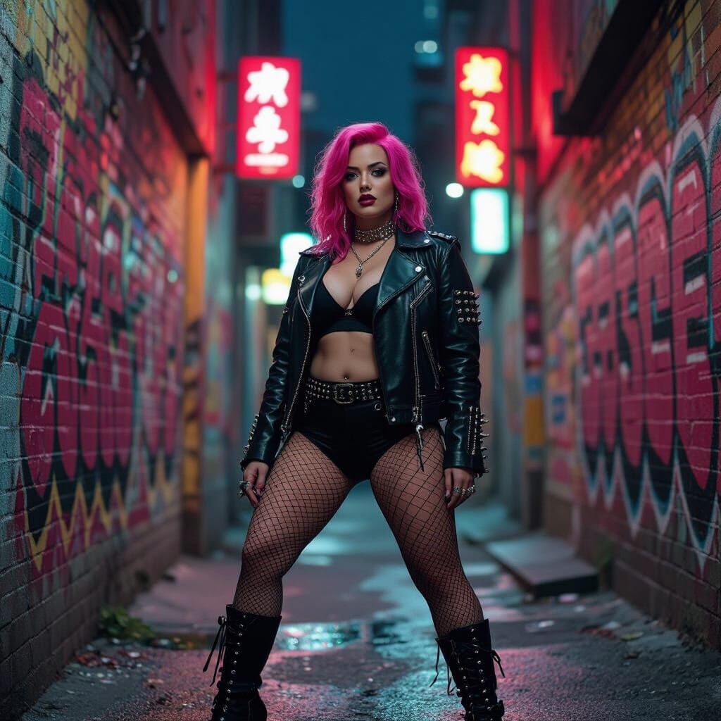 Confident Woman in Graffiti Alley, Cinematic Film Still