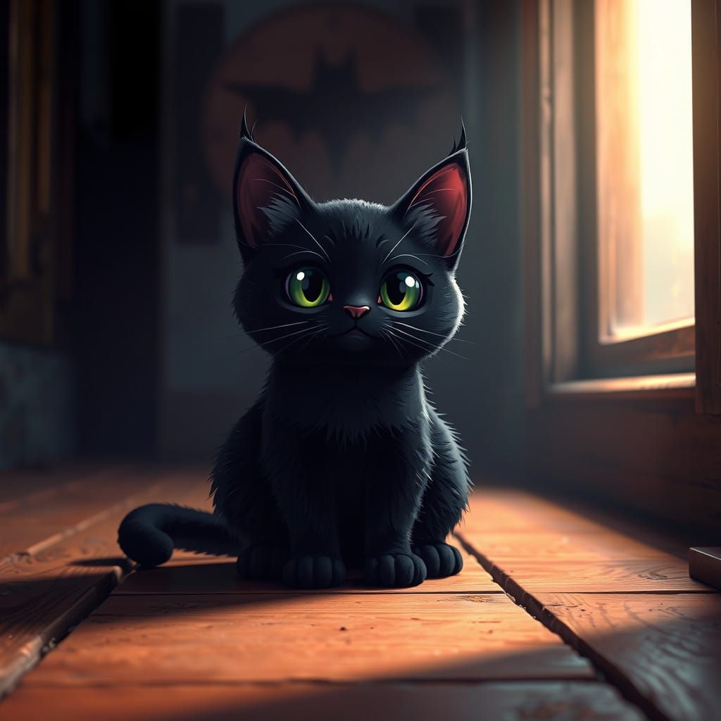 Cute Black Cat Sits on Dark Wooden Floor