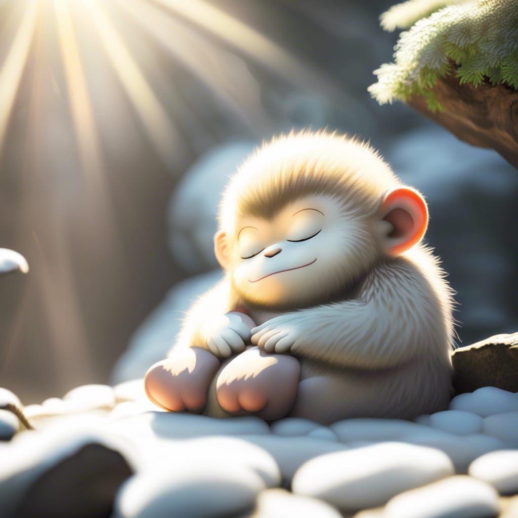 Chibi Snow Monkey Sleeping in Nature Onsen