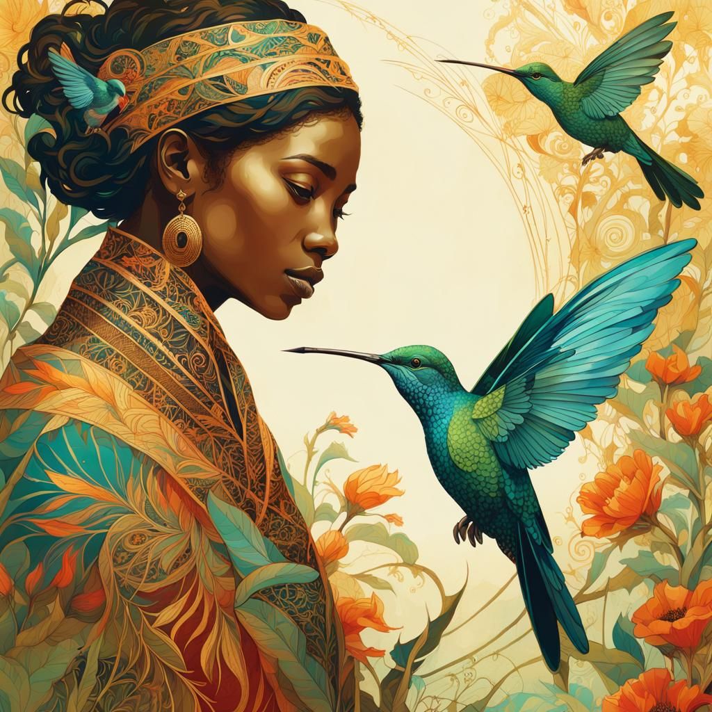 Hummingbird Illustration in Elaborate Batik Style