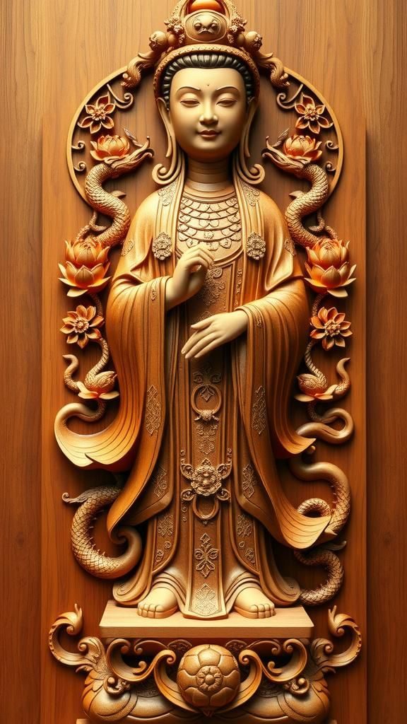 Guanyin Statue Wood Carving in Traditional Chinese Style