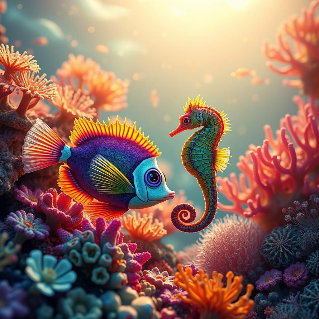 Surreal Underwater Scene in Vibrant Coral Colors