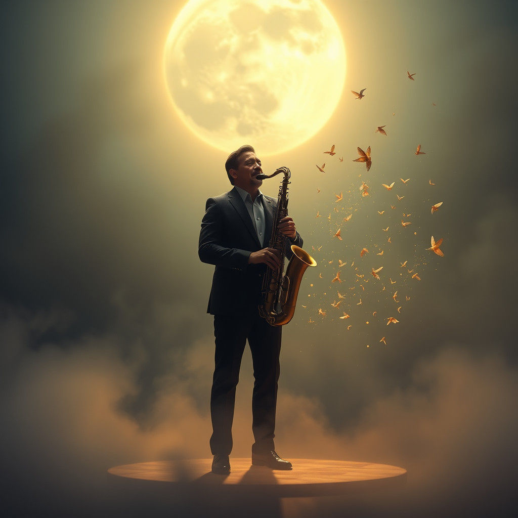 Saxophonist's Moonlit Performance: Dreamlike Digital Art