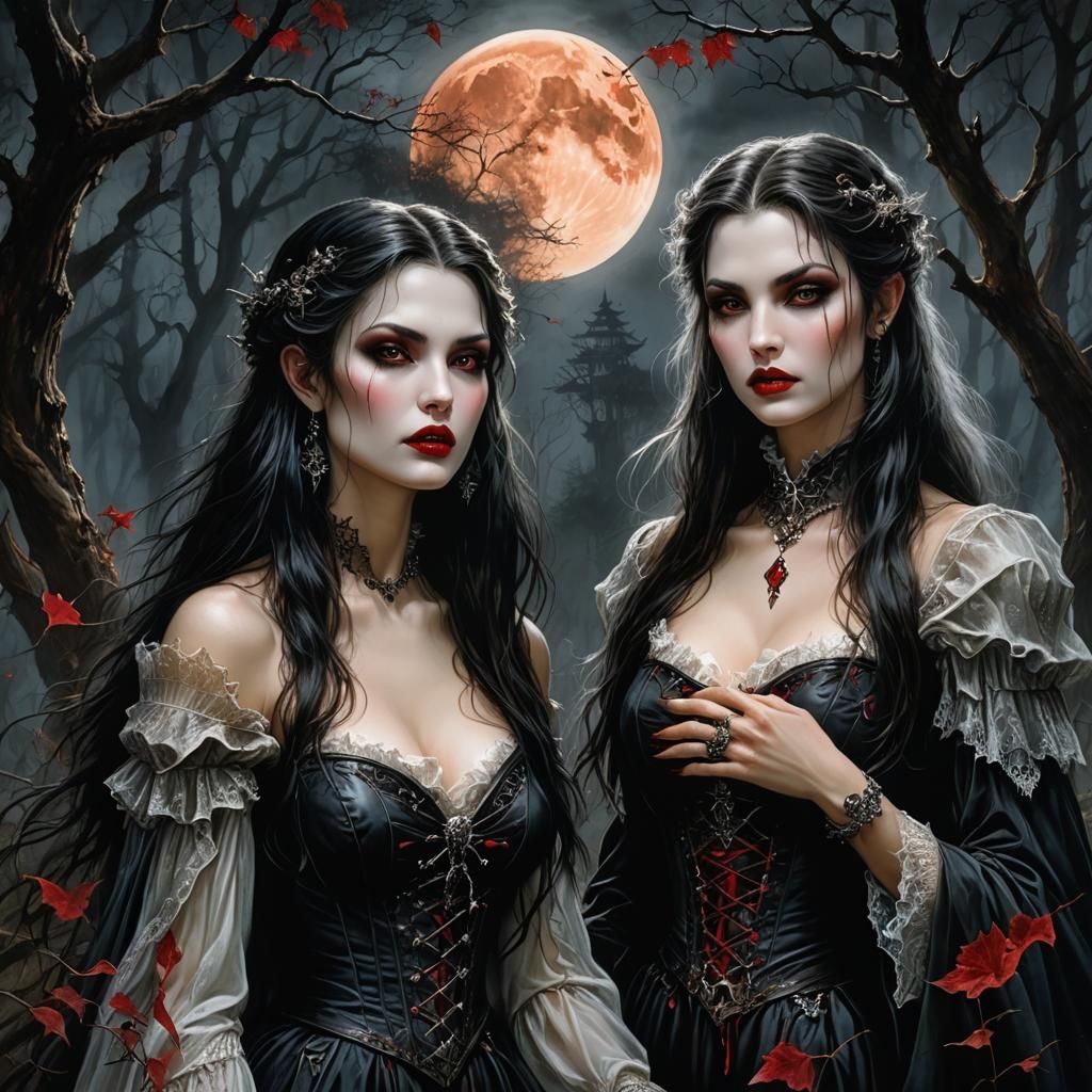 Vampire Girls in Enchanted Forest, Gothic Art