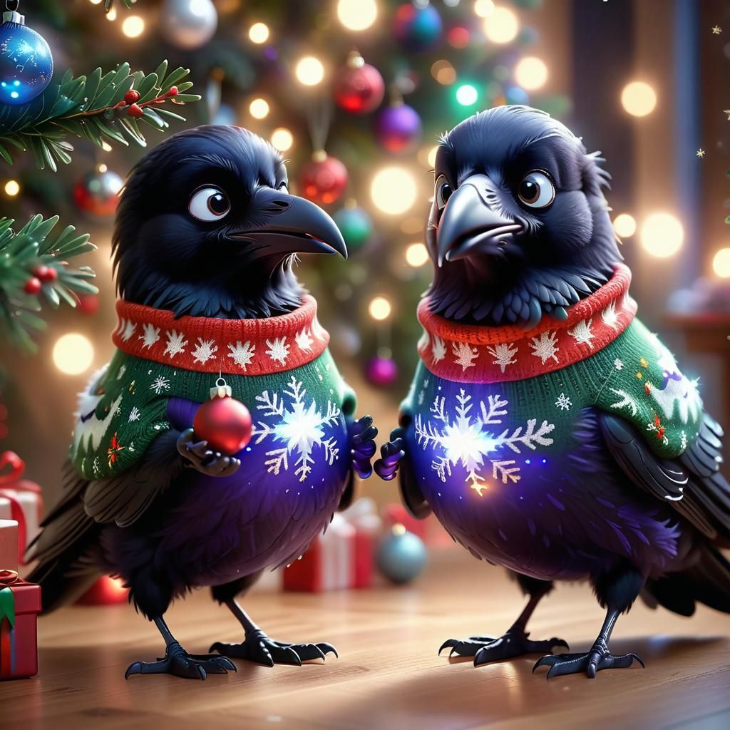 Cute Ravens with Christmas Ornament, Pixar Style