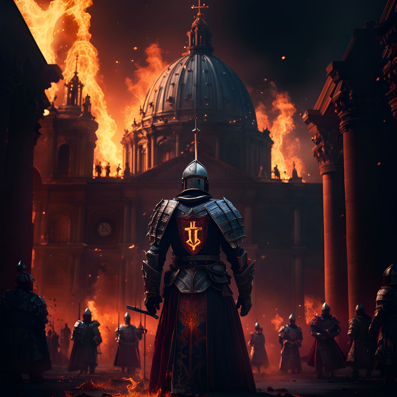 Knights Templar in Burning Vatican: Fantasy Art