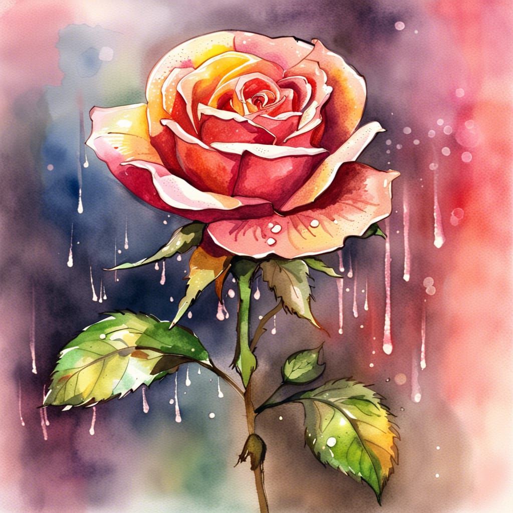 Rose Glimmering in Sunlight: Watercolor and Crayon Art