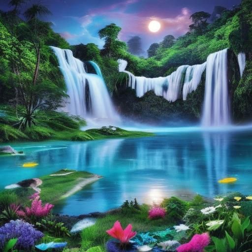 Enchanted Bioluminescent Waterfall in Hyper-Realistic Scene
