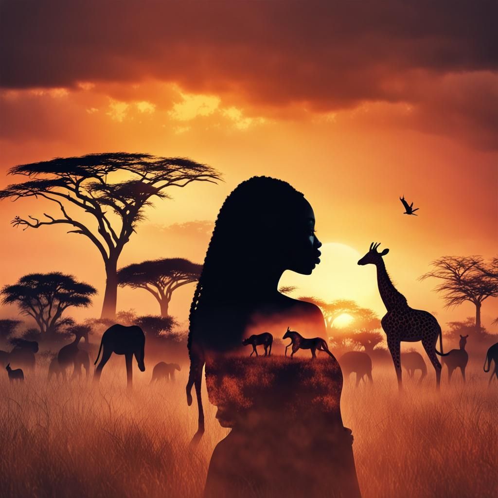 African Woman Silhouette with Savanna Double Exposure