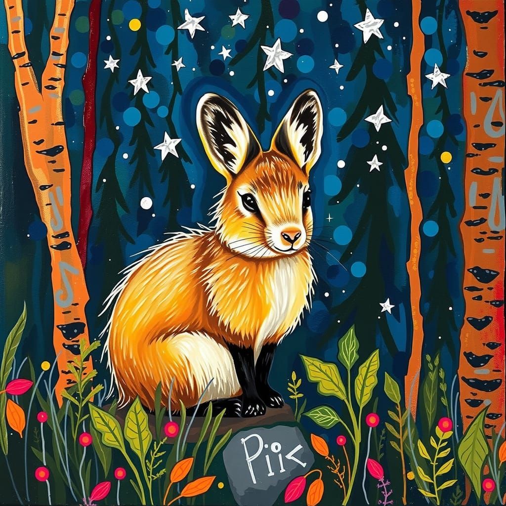 Pika in Starry Forest: Impasto Oil Painting