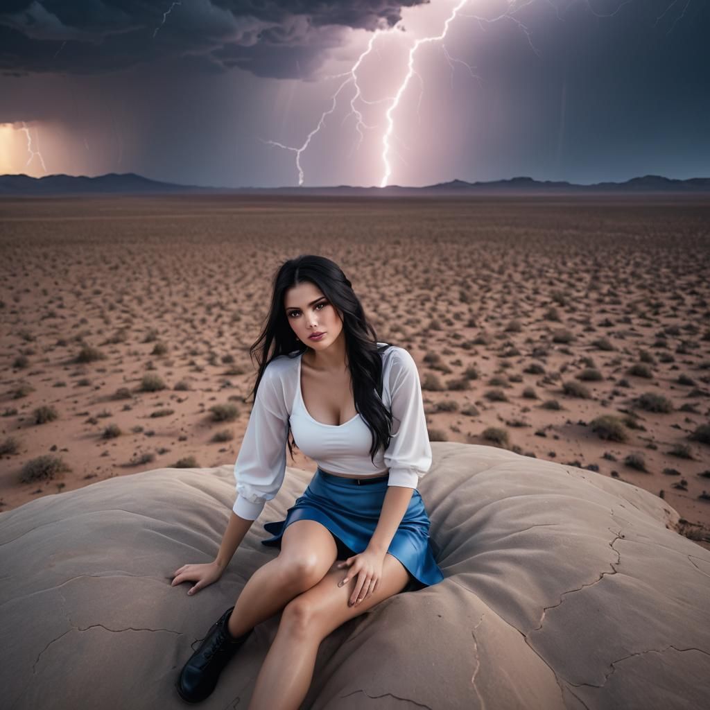 Desert Dream: Girl on Sofa with Lightning Storm