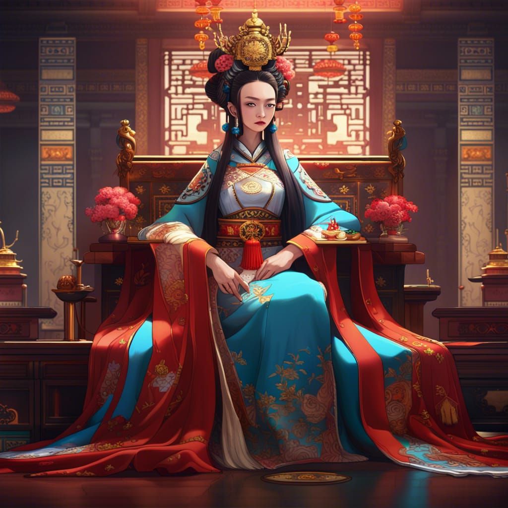 Chinese Empress Holding Court: Acrylic on Canvas
