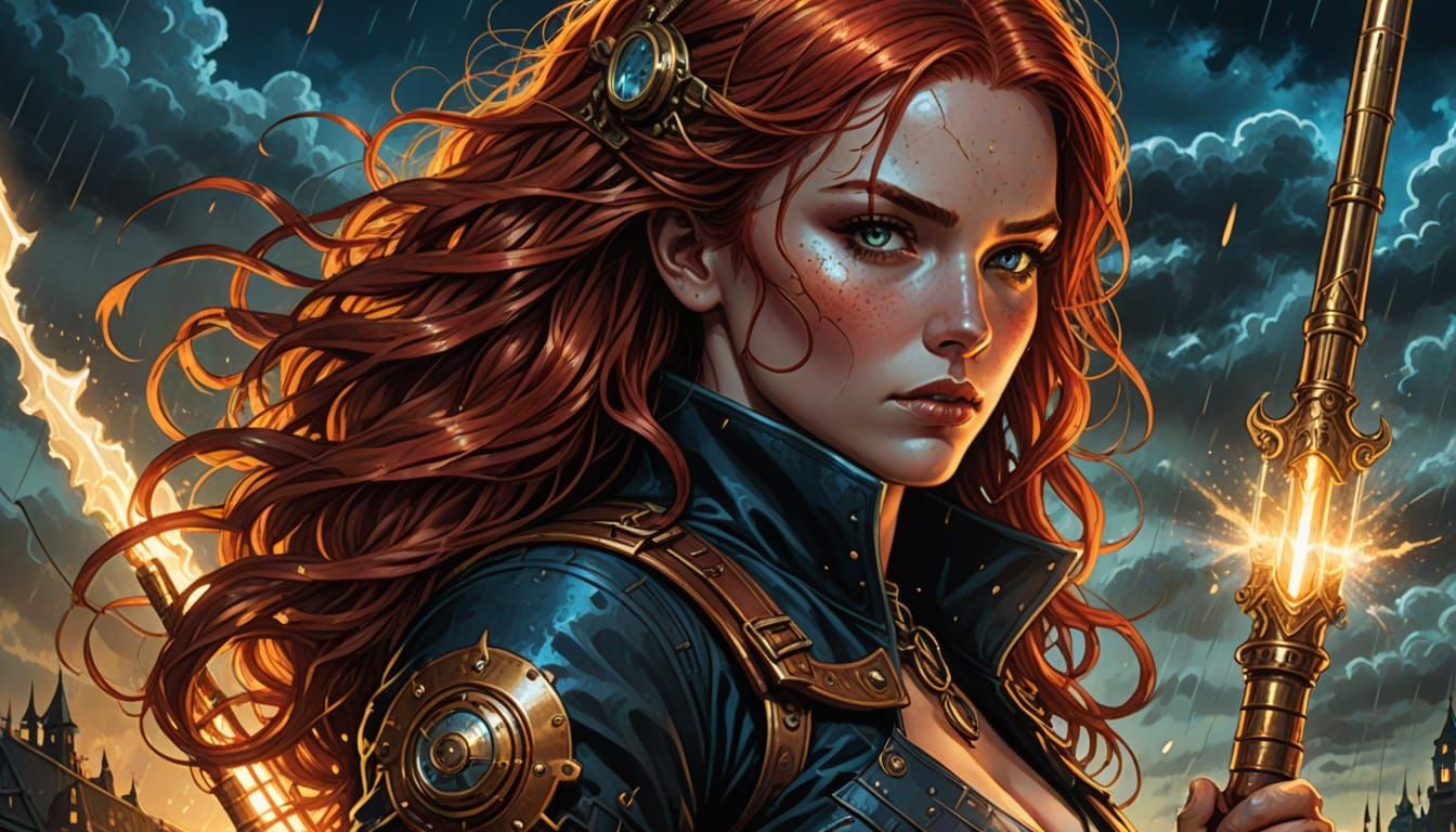 Steampunk Woman with Spear in Comic Book Art Style