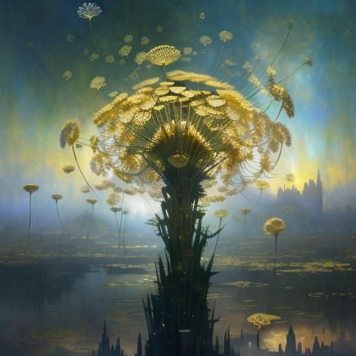 Golden Dandelion Sculpture Descending From Dreamy Sky