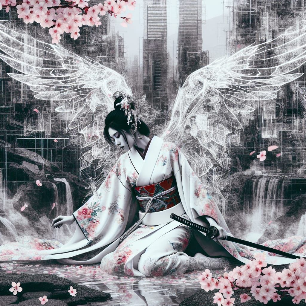 Fallen Swordfighter in Cyberpunk Cherry Garden