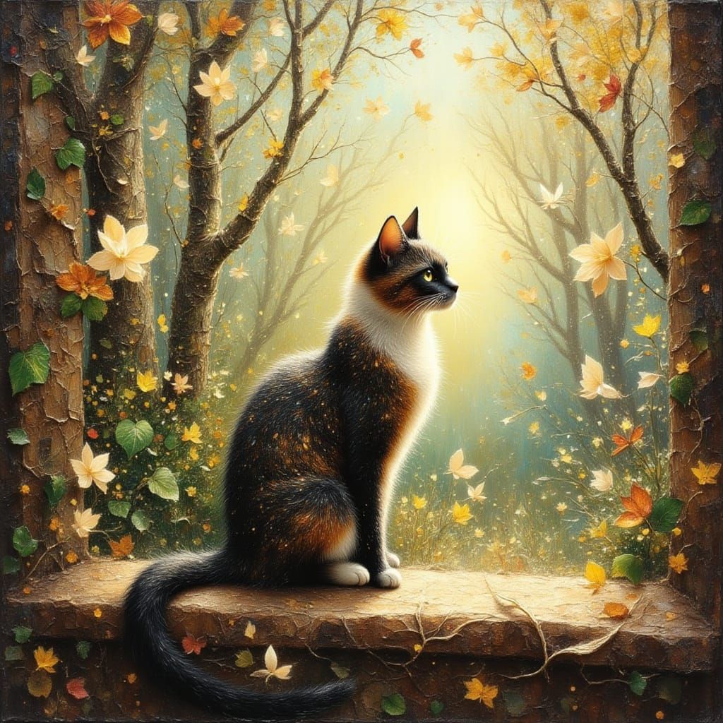 Beautiful Cat Watching Birds in Whimsical Style