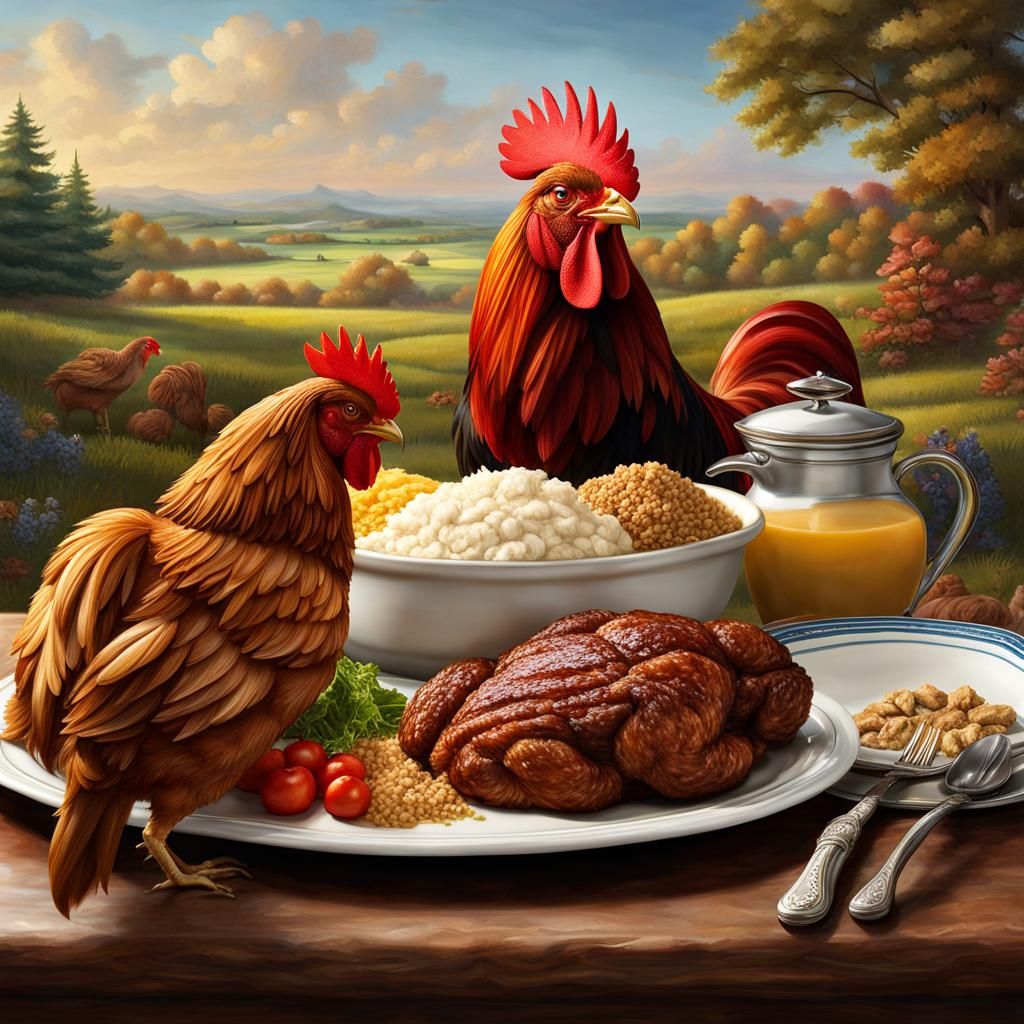 Rooster and Cockapoo Dog Waiting for Dinner