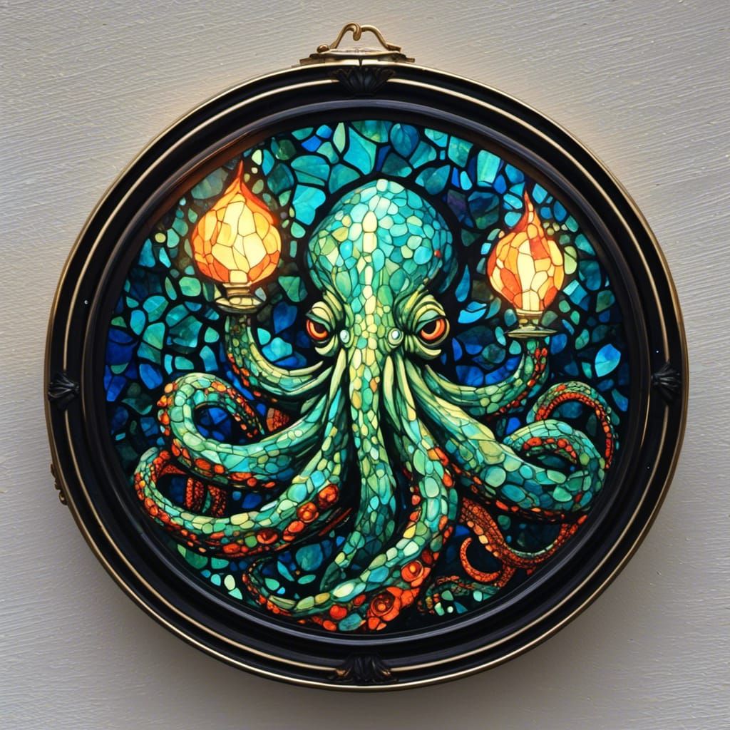 Glowing Kraken in Vivid Stained Glass Style