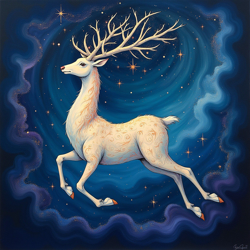 Reindeer Floats Through Starry Cosmos as Gouache Painting