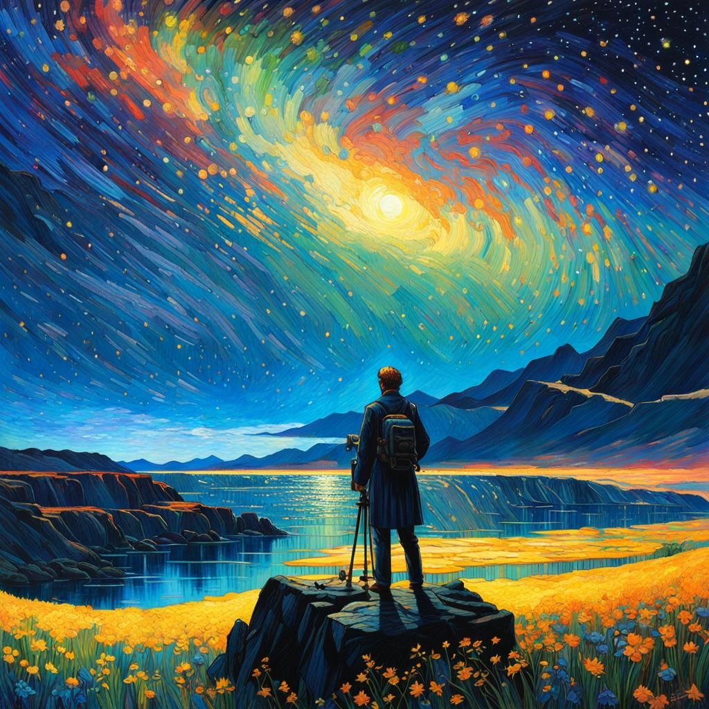 Jesus Gazing at Starry Waterfall, Van Gogh Style