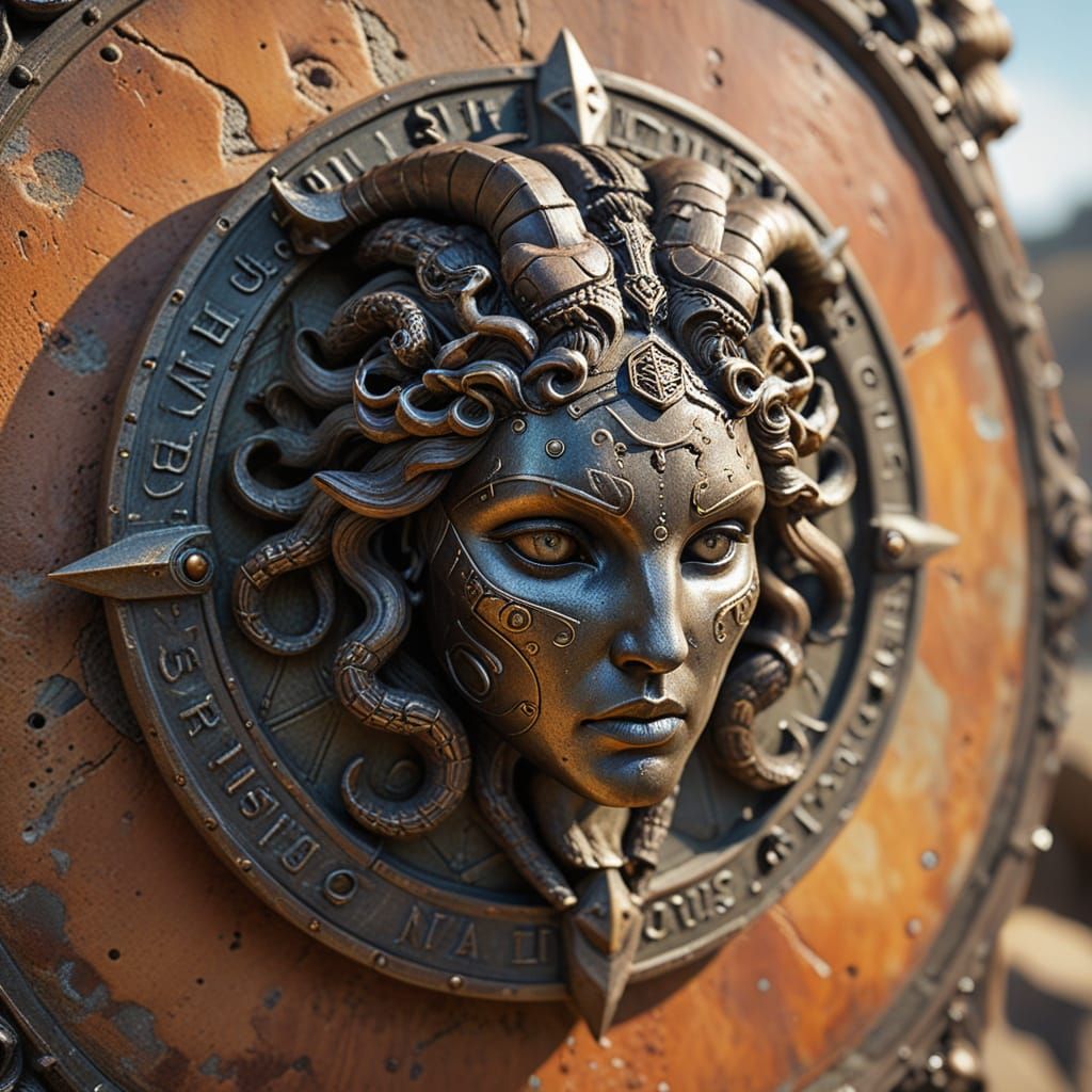 Realistic Bronze Medusa Head on Weathered Grecian Shield