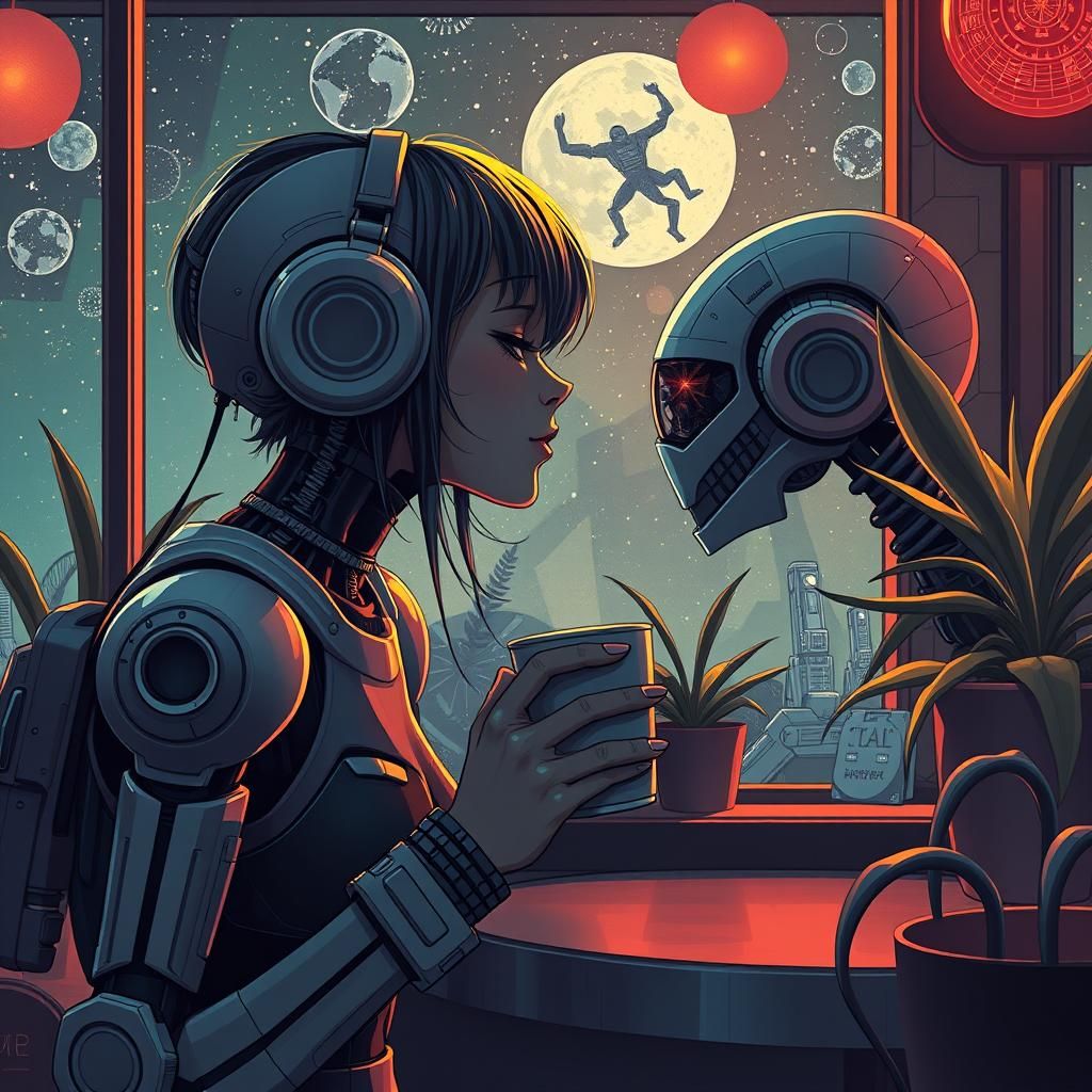 Cyberpunk Girl in Robot Coffee Shop