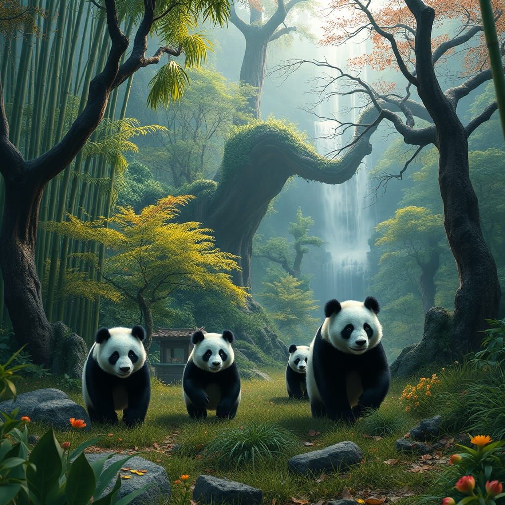 Panda Family in Sichuan Nature Reserve