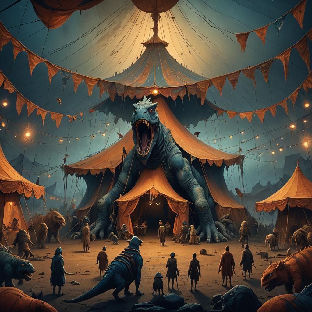 Prehistoric Monsters in Dimly Lit Circus Tent