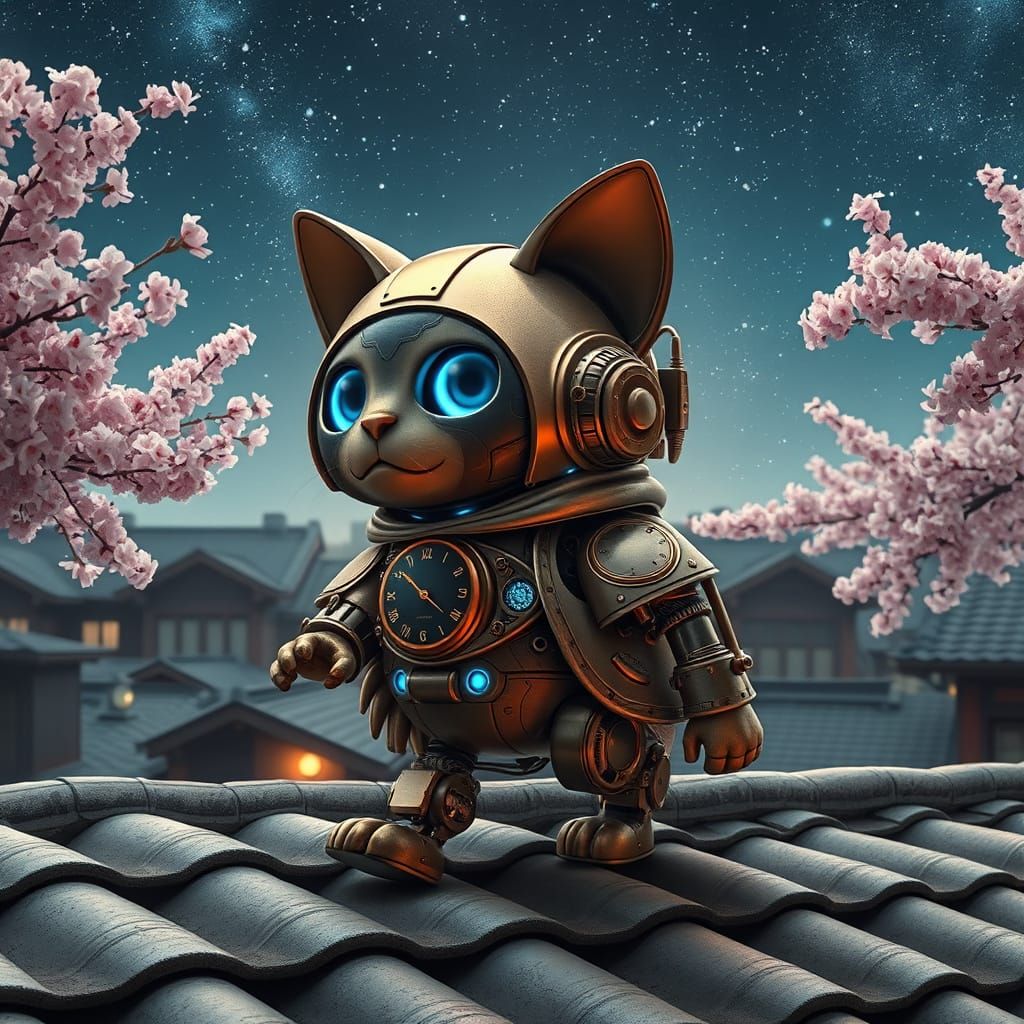 Kitten Droid Walks on Japanese Roofs