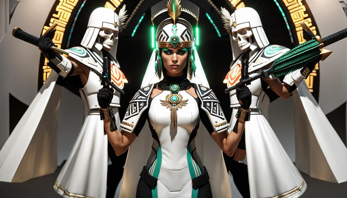 Aztec Warrior Woman in Cyberpunk Servo-Armor