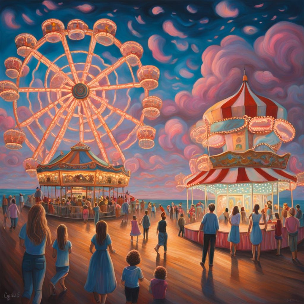 Surreal Carnival Scene Reflects on Calm Ocean Waves