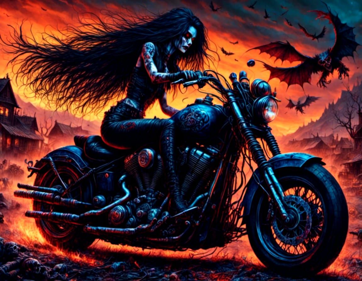 The women riding a Harley Davidson.