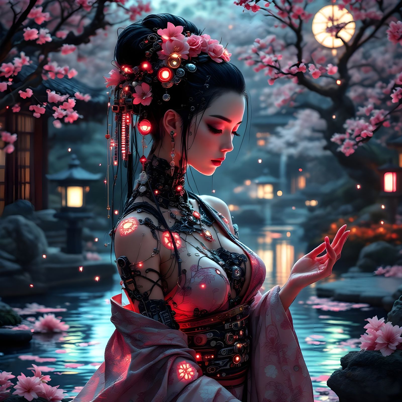 Cyberpunk Geisha in Japanese Garden, Woodblock Style