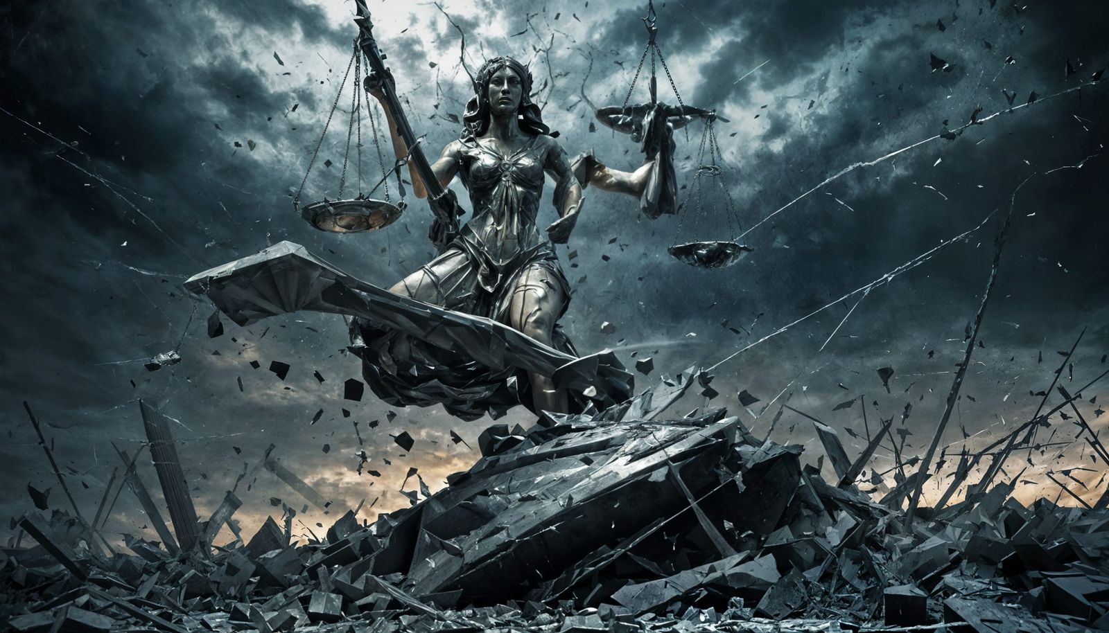 Lady Justice Shattered in High Contrast, Deeply Saturated Ph...