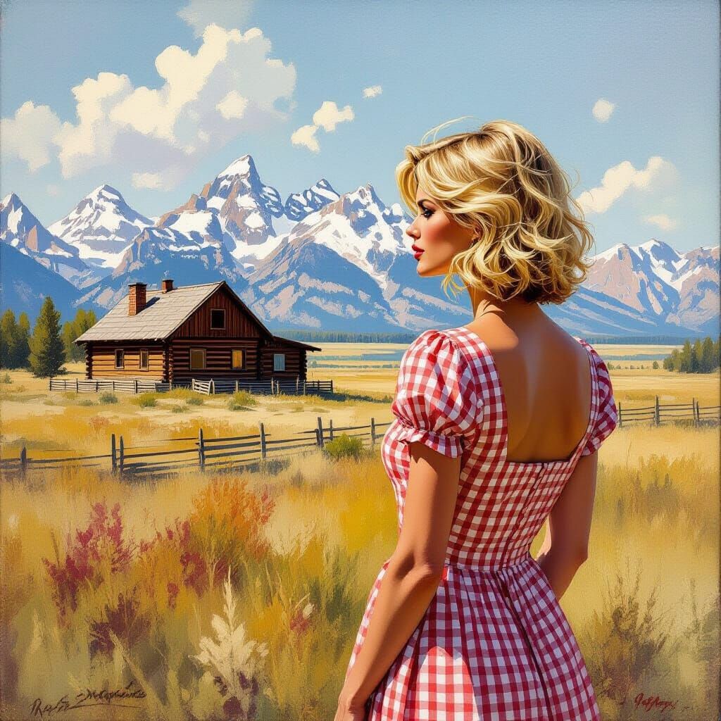 Impressionistic Wyoming Log Home Oil Painting