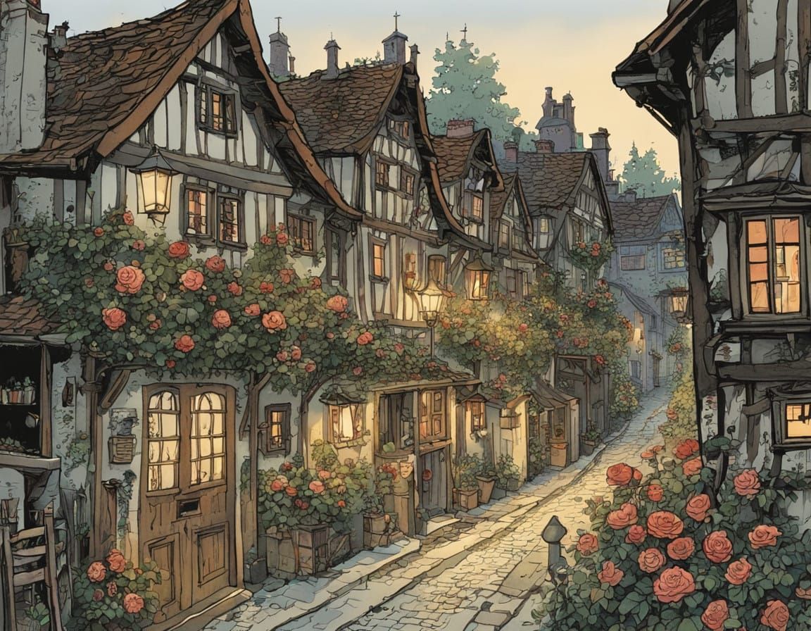 Cozy Half-Timbered Houses Under Dusk Bloom