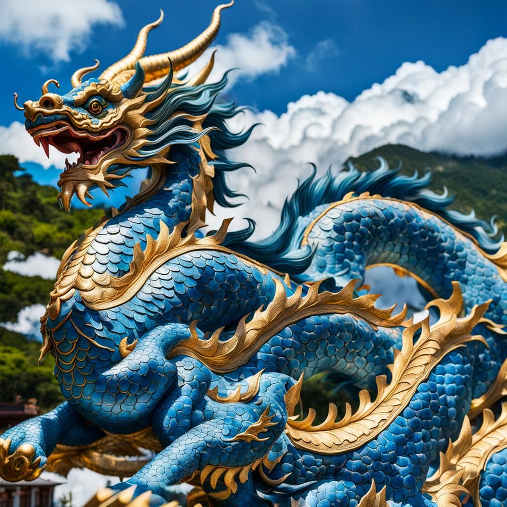 Mythical Cloud Dragon Soaring in Blue Sky