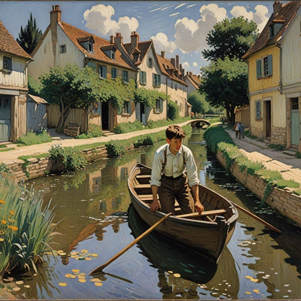 Child in a Homemade Boat: Serene Village Stream in Dreamy Po...